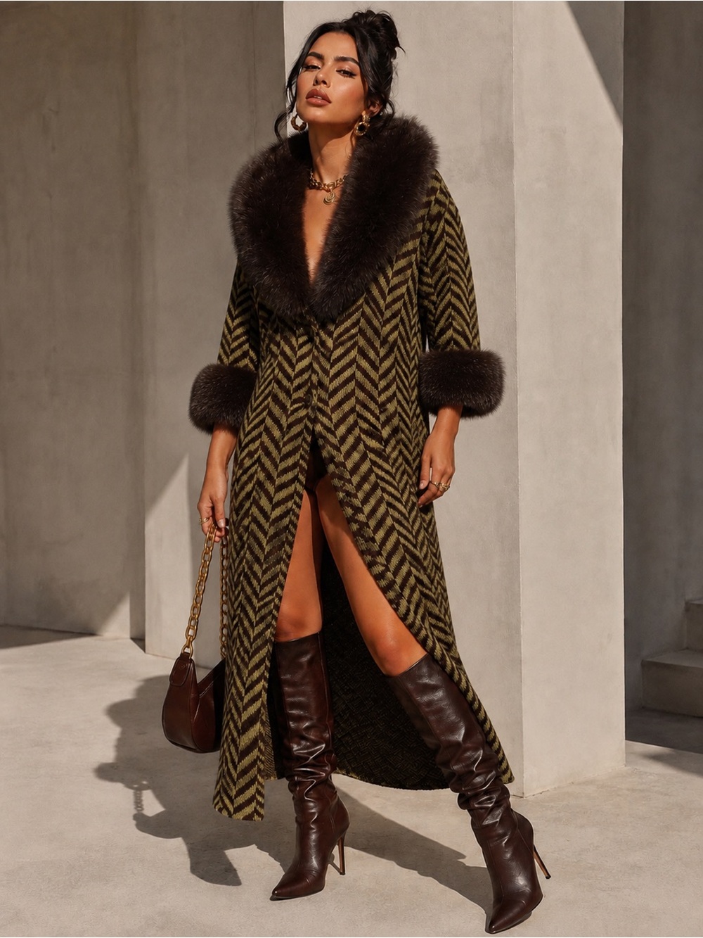 Olive Chevron Faux-Fur Trim Long Cardigan Sweater Coat
